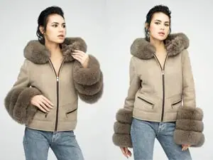 Geaca scurta de piele cu blană de miel si vulpe polară