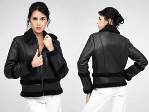 Geaca scurta din piele cu blana de miel merinos